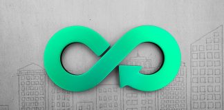 Circular economy concept. Green arrow infinity symbol on city buildings doodles concrete wall background.
